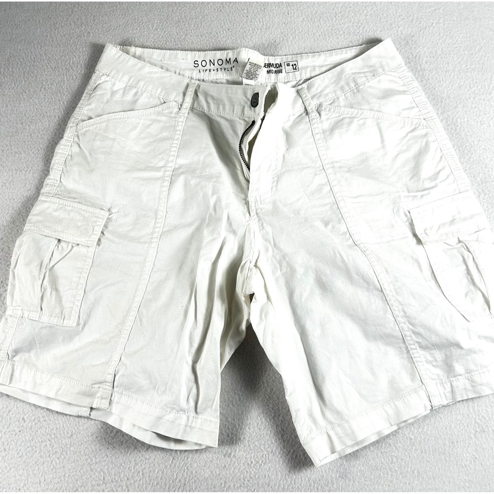 Sonoma Life + Style‎ Womens White Bermuda Cargo Shorts Mid Rise Size 12 Stretch